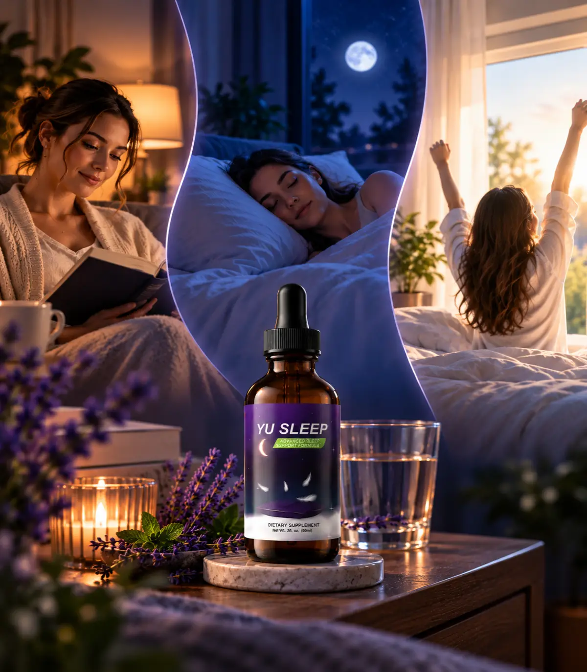 Yu Sleep sleep support supplement bottle with a relaxing bedtime routine and refreshed morning scene