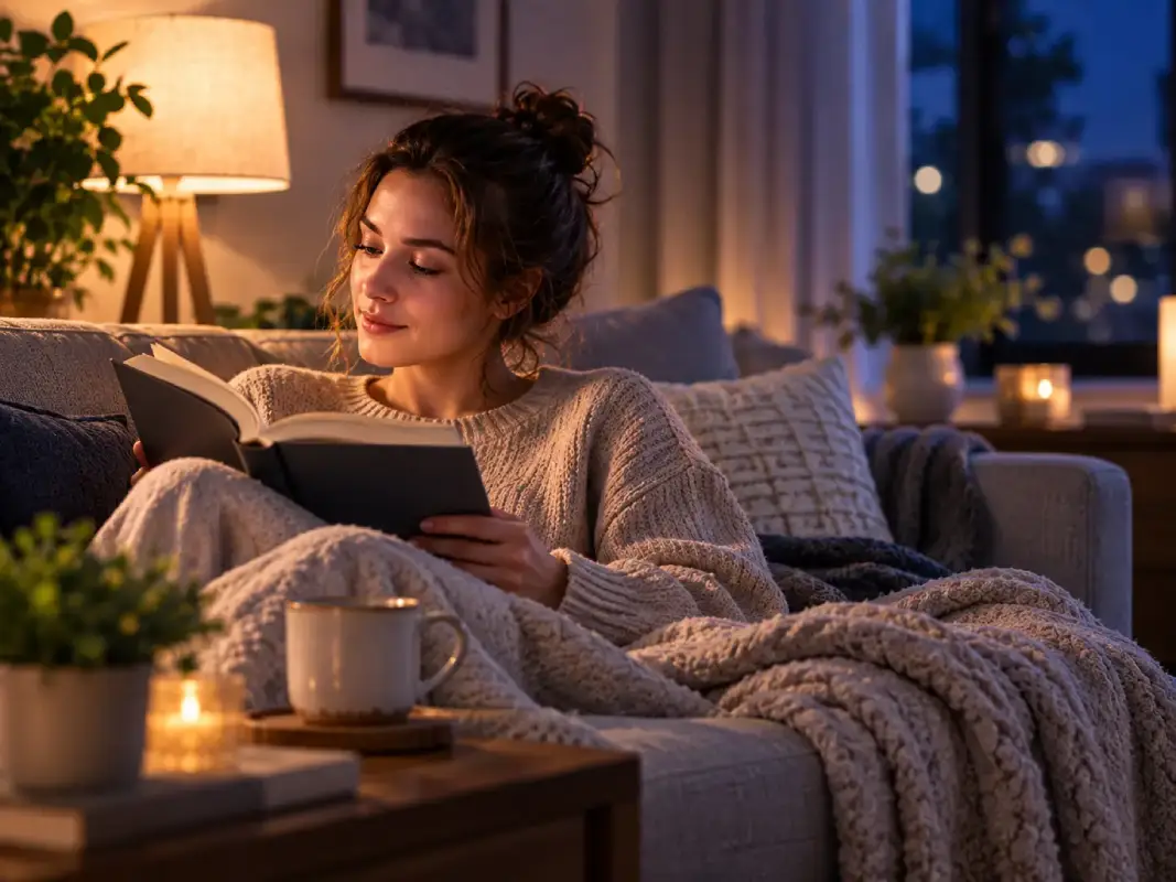 Relaxing evening routine with a woman reading a book before bedtime