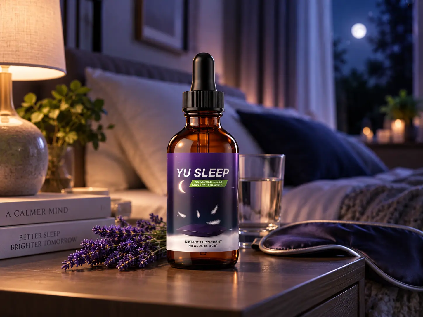 Yu Sleep liquid sleep support supplement bottle on a bedside table in a calming bedroom
